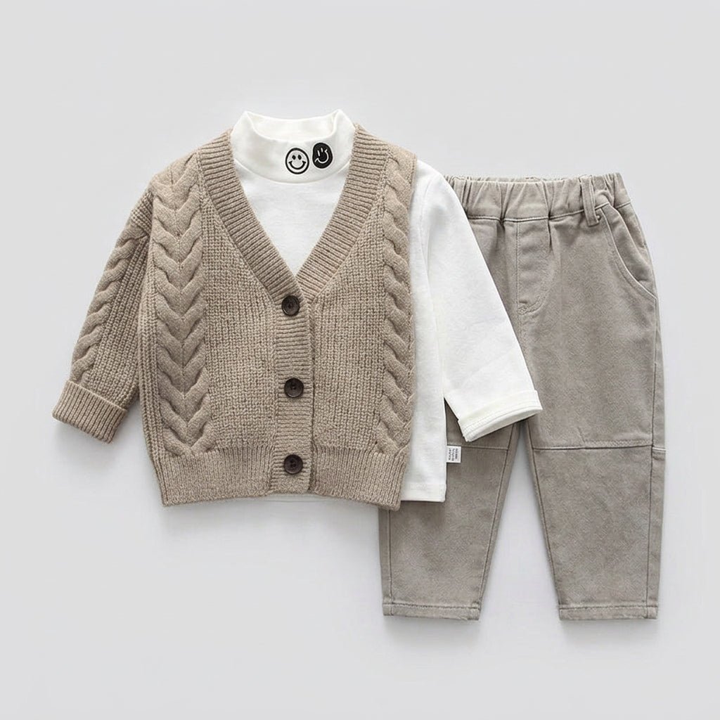 Ensemble 3 pièces pour garçon : veste-pull en maille, pull col roulé et pantalon
