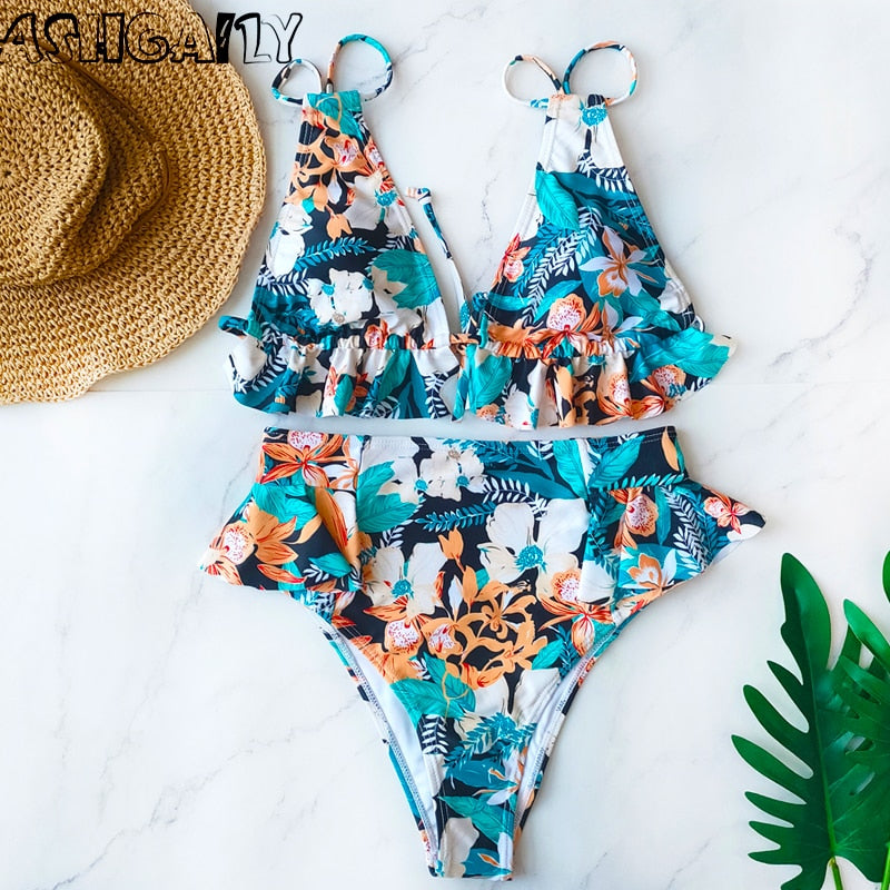 maillot de bain push-up taille haute, dos nu, à volants, idéal pour la plage et l'été