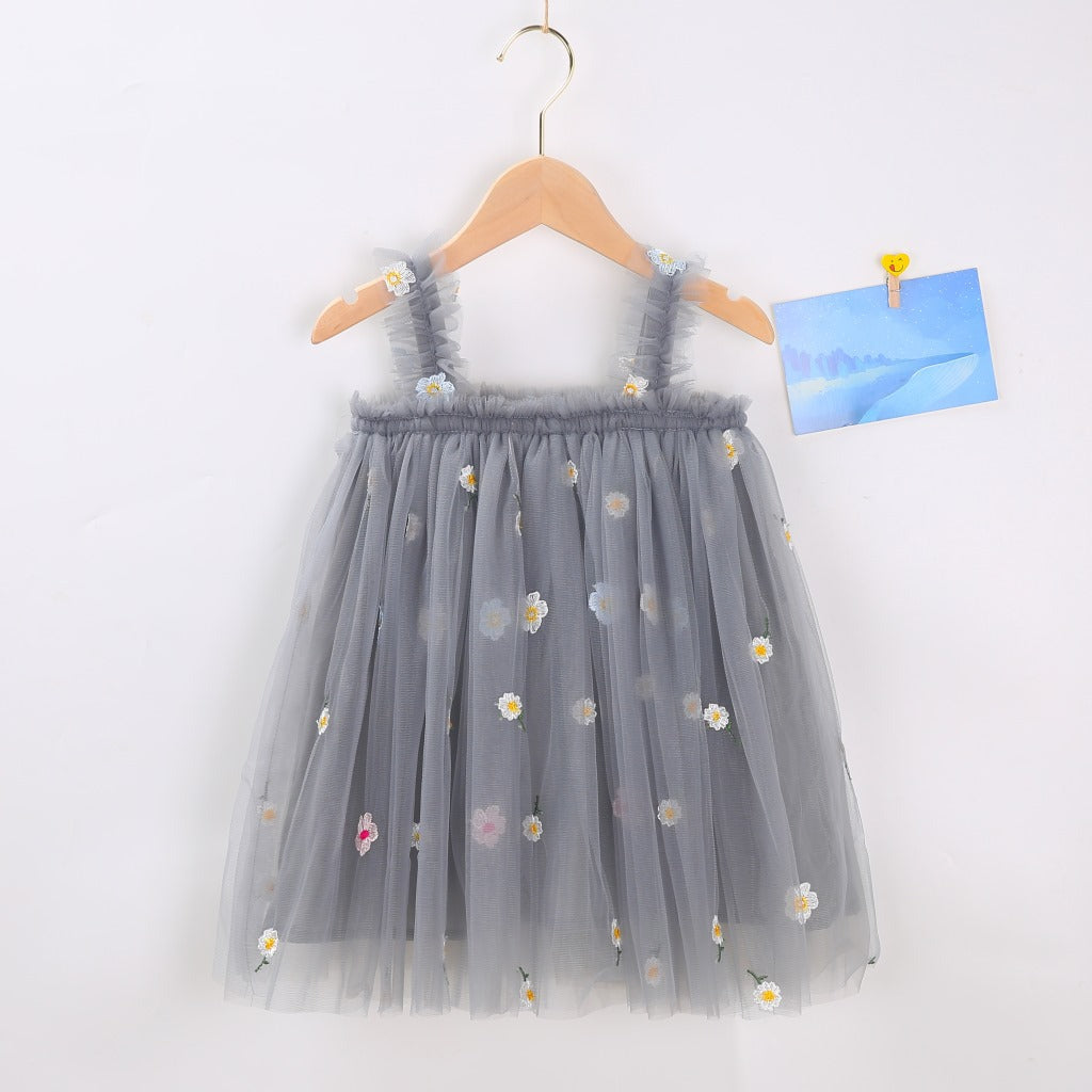 Robe d'été à bretelles pour filles, style nouveau, brodée, en tulle doux