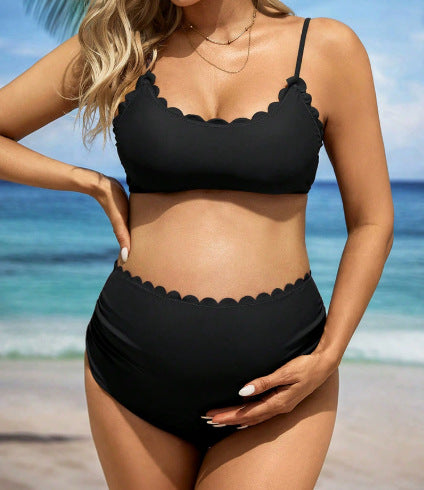 Bikini de grossesse taille haute, couleur unie, avec haut bandeau dos nu couvrant le ventre