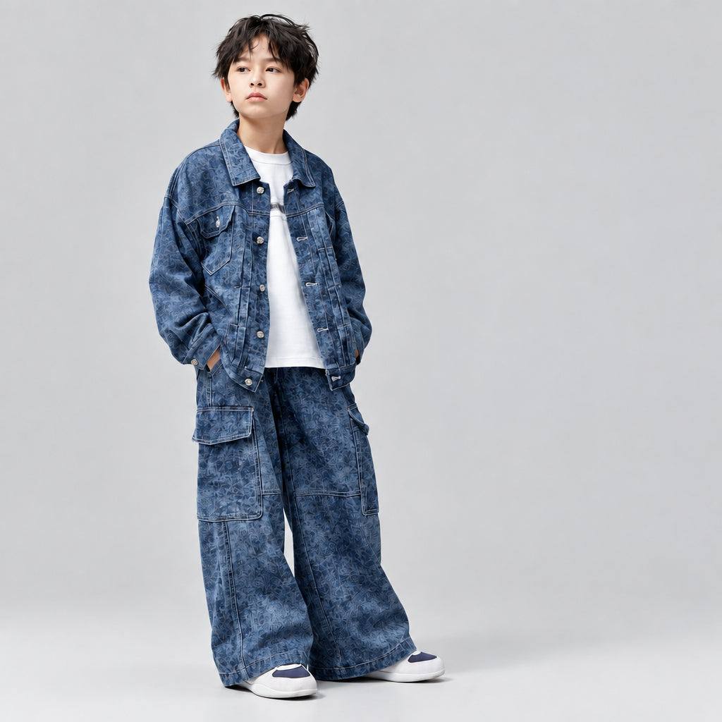 Ensemble décontracté deux pièces pour garçon : veste en jean et pantalon cargo