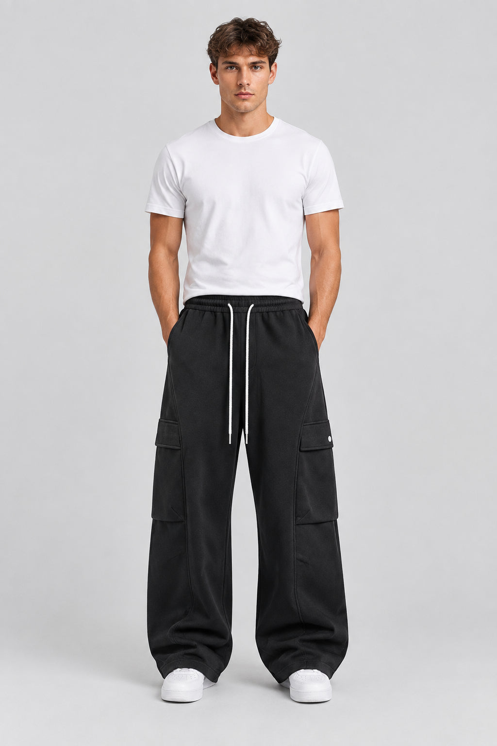 Nouveau pantalon cargo décontracté , coupe droite ample, en coton épais  avec empiècements