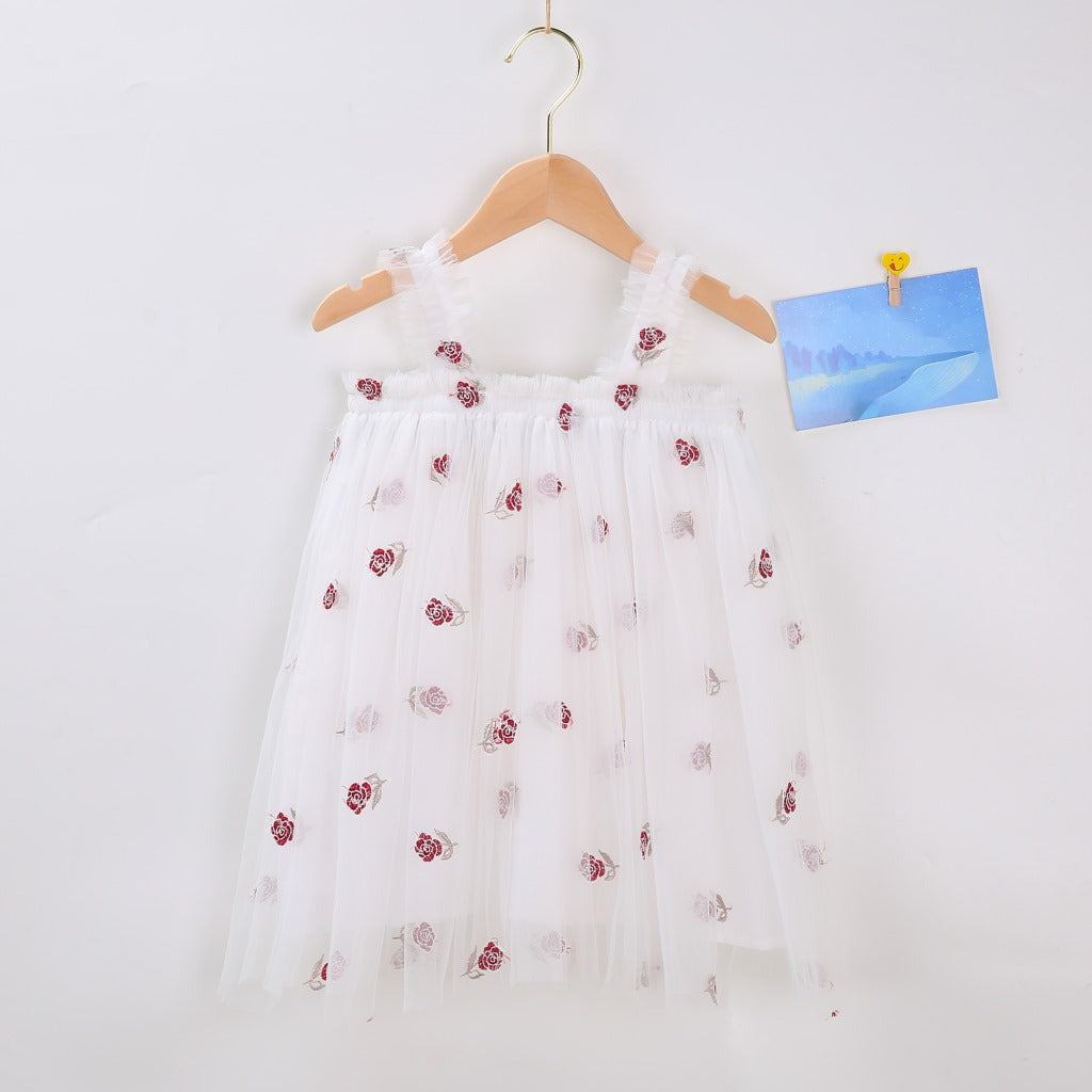 Robe d'été à bretelles pour filles, style nouveau, brodée, en tulle doux