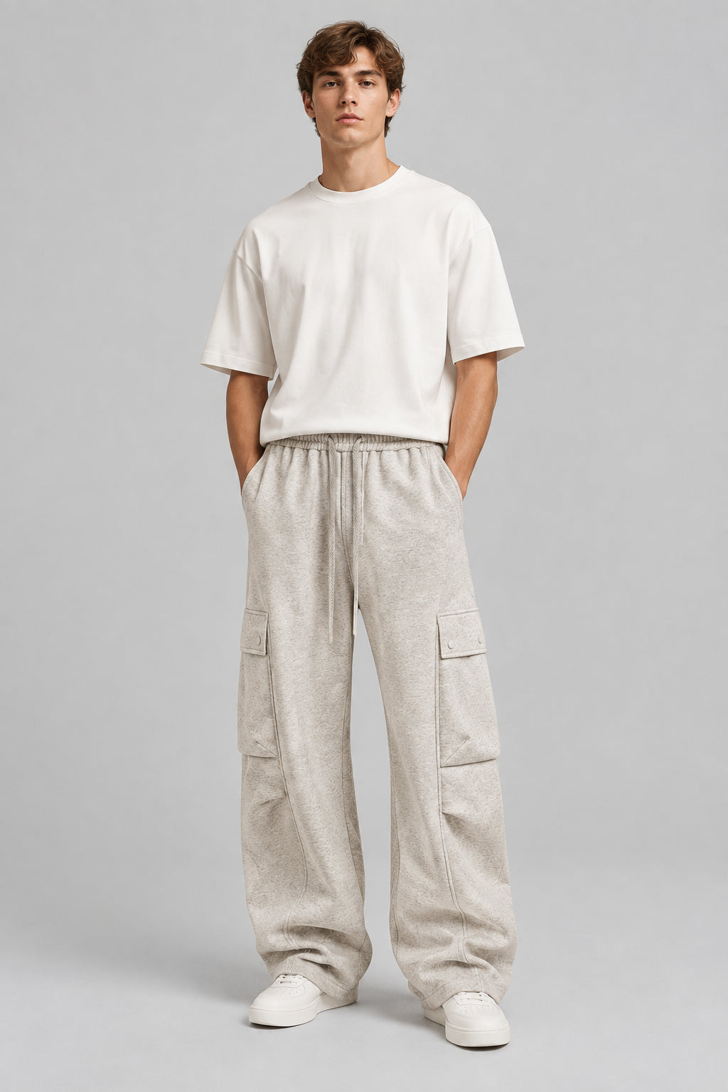 Nouveau pantalon cargo décontracté , coupe droite ample, en coton épais  avec empiècements