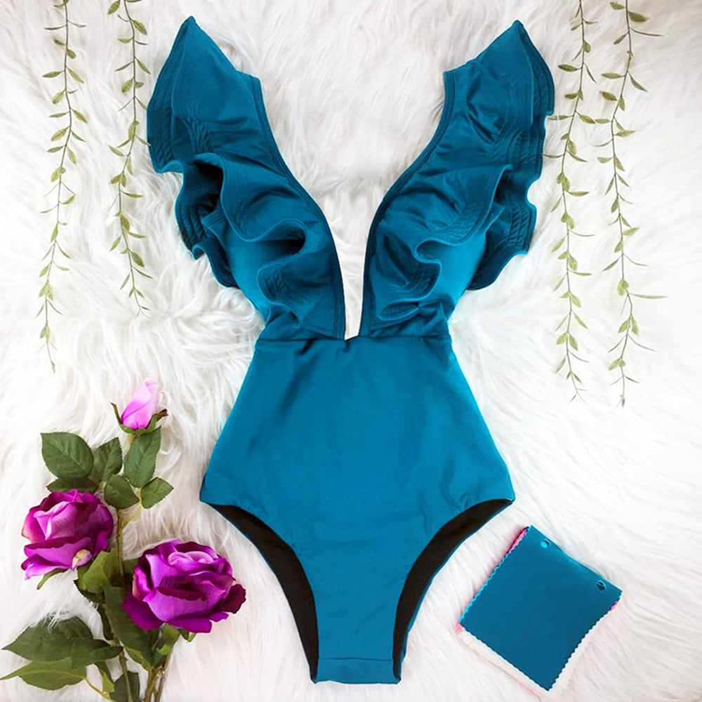 Maillot de bain une pièce imprimé, décolleté plongeant, volants, effet push-up, dos nu, idéal pour la plage