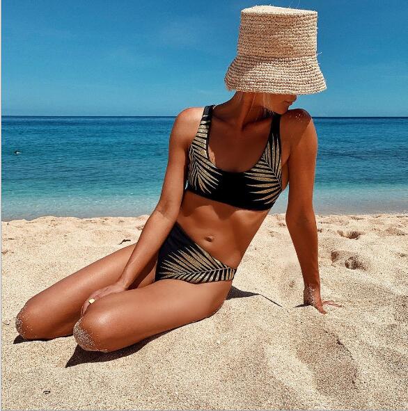 Bikini imprimé Feuille sexy noir, bikini imprimé feuilles, micro maillot de bain brésilien femme