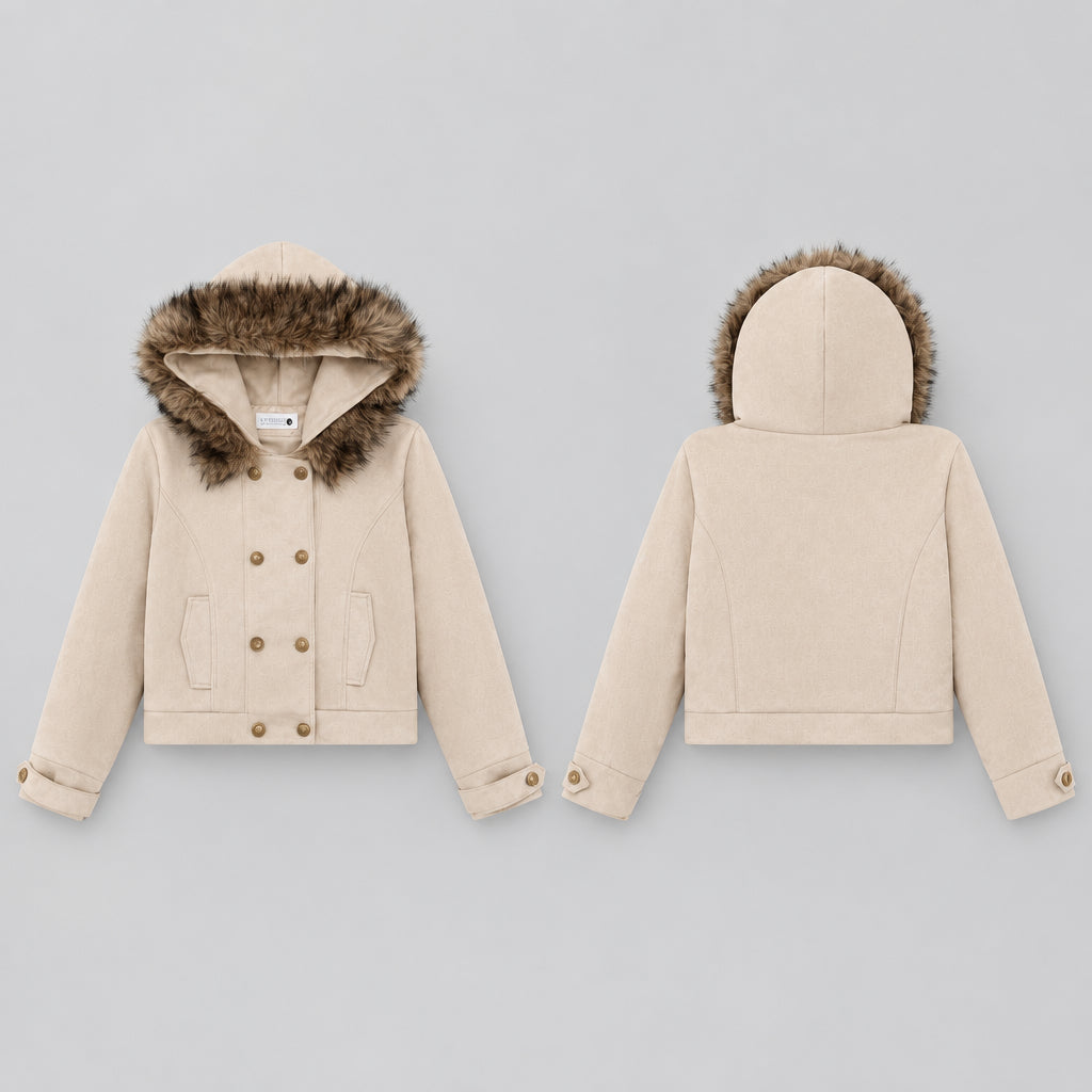 Veste décontractée en imitation daim, croisée, avec capuche et col en fourrure