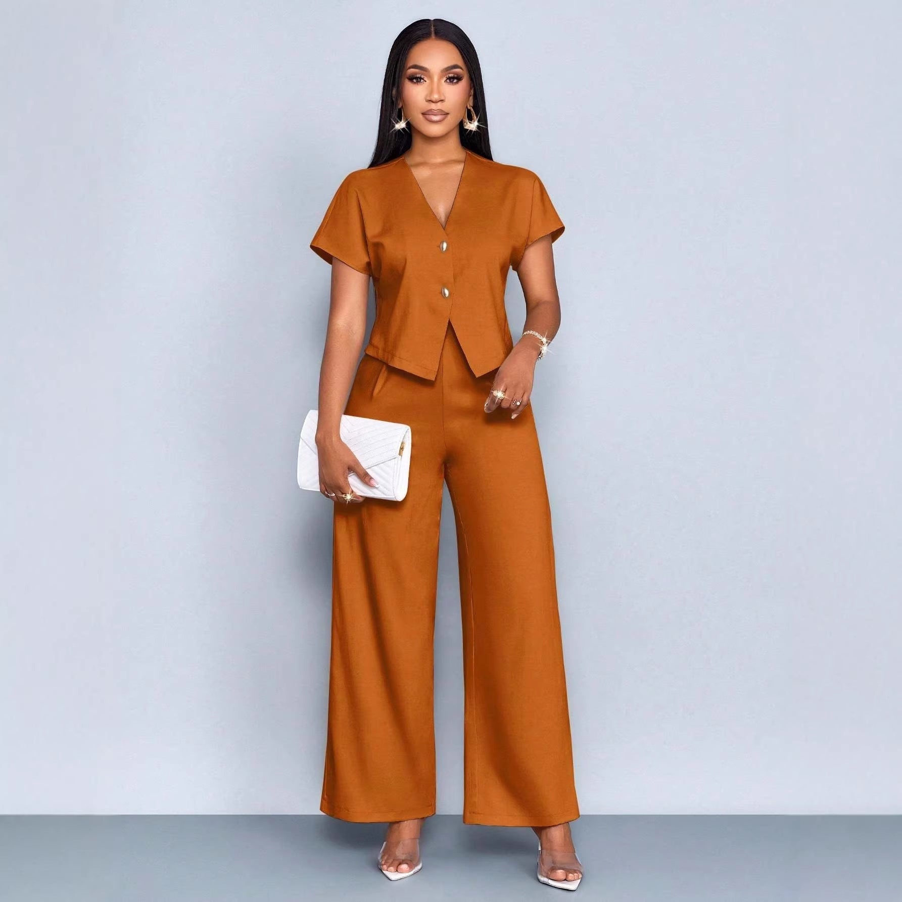 Ensemble deux pièces décontracté grande taille : cardigan asymétrique à manches courtes et col en V, pantalon droit et jambes larges.