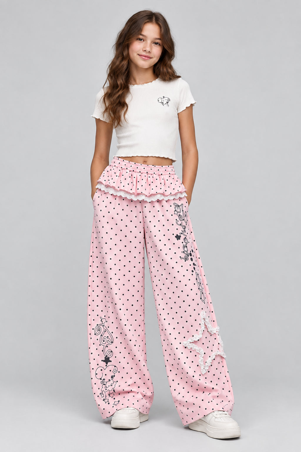 Pantalon de jogging ample à pois,  avec taille bordée de dentelle et motif étoile et dessin animé.