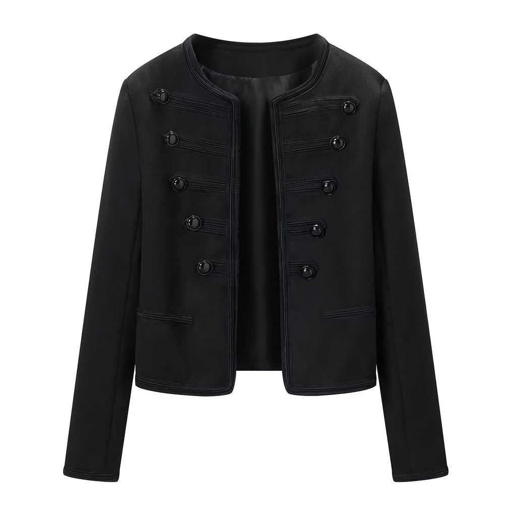 Veste courte décontractée et polyvalente à col rond et détails boutonnés