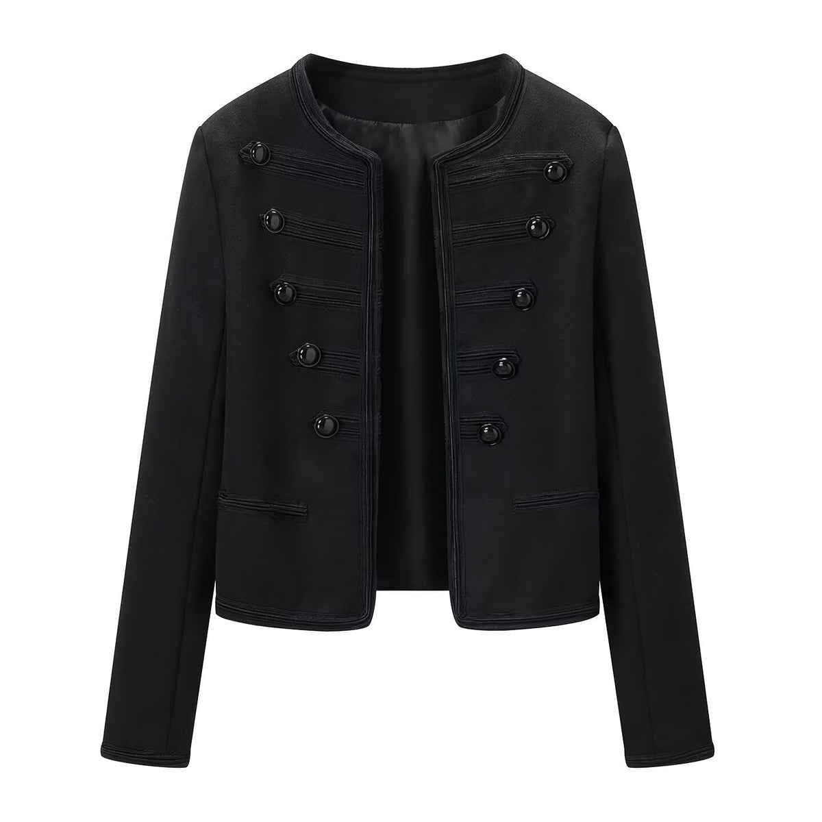 Veste courte décontractée et polyvalente à col rond et détails boutonnés