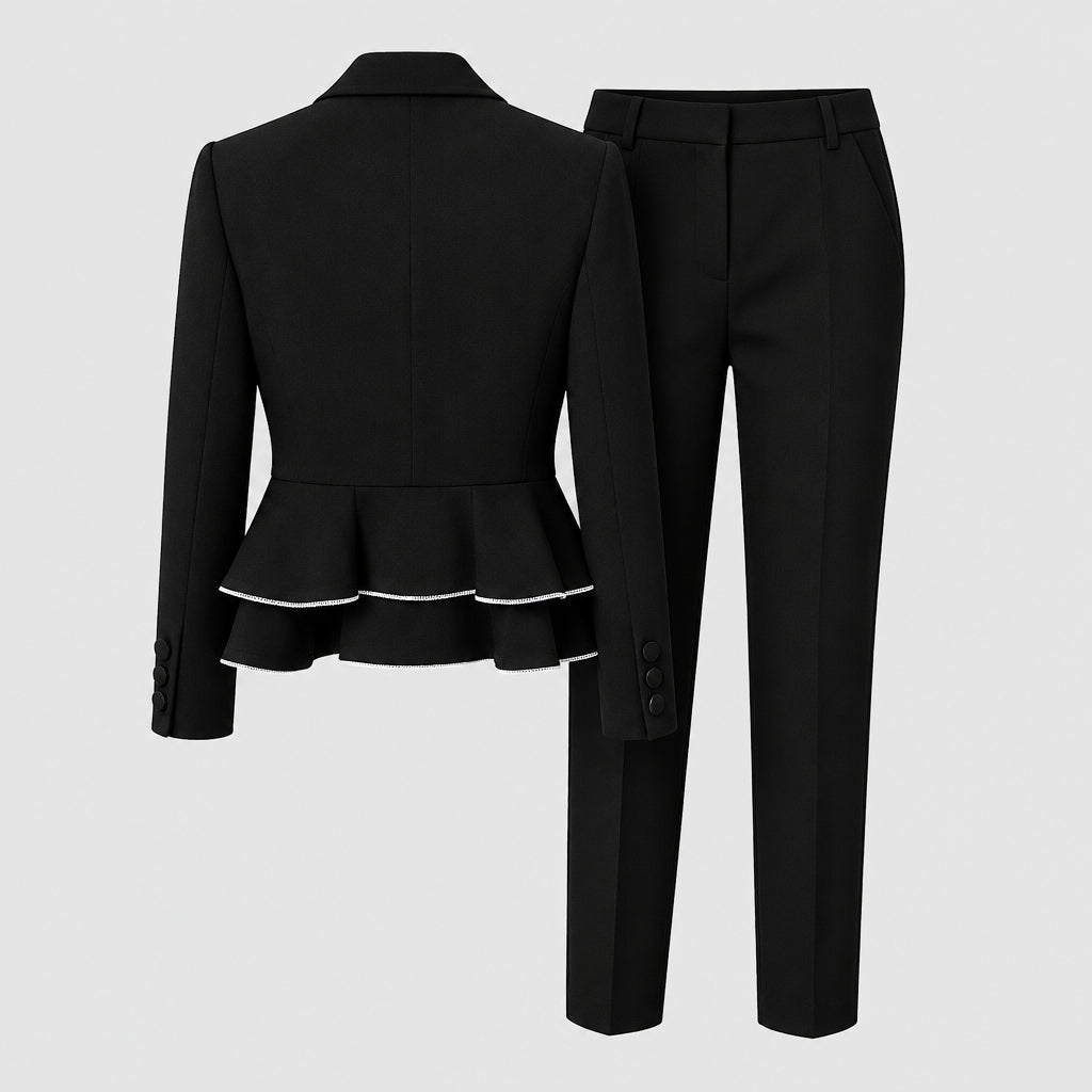 Ensemble deux pièces  : veste de tailleur zippée à bords volantés et pantalon ajusté.