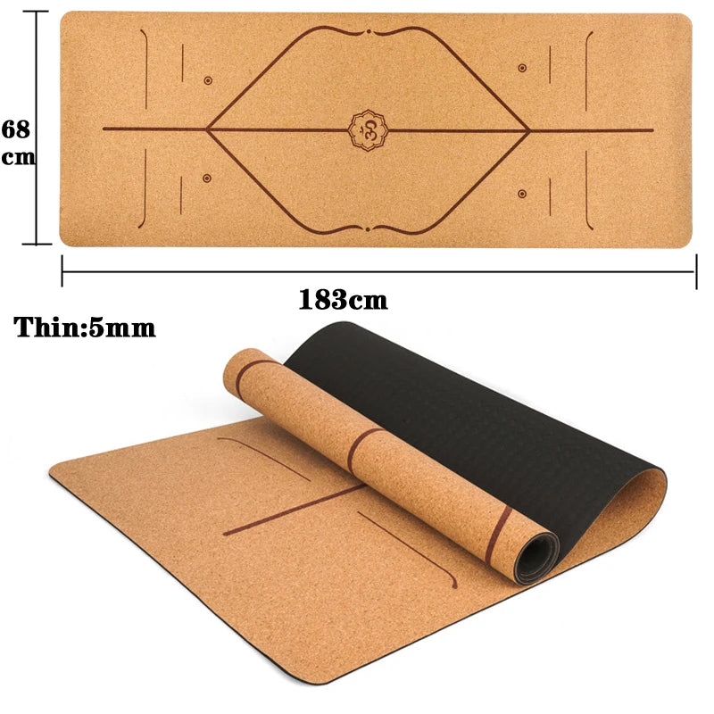 Tapis de yoga en liège naturel et TPE 183 x 68 cm, idéal pour le fitness, le Pilates et autres exercices. Antidérapant, il offre un excellent maintien et des lignes de positionnement pour le corps.