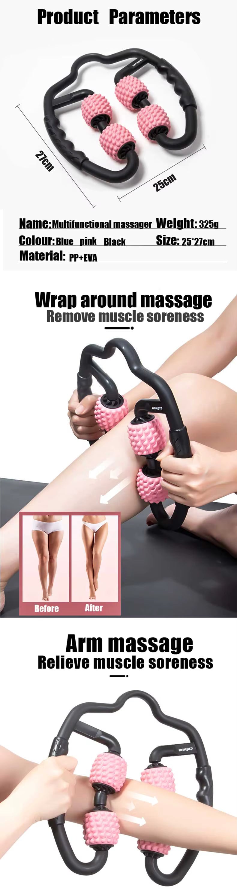 Rouleau de massage en forme de U pour les points de déclenchement des muscles des bras, des jambes et du cou, idéal pour le fitness, la gym, le yoga, le pilates et le sport (4 roues).